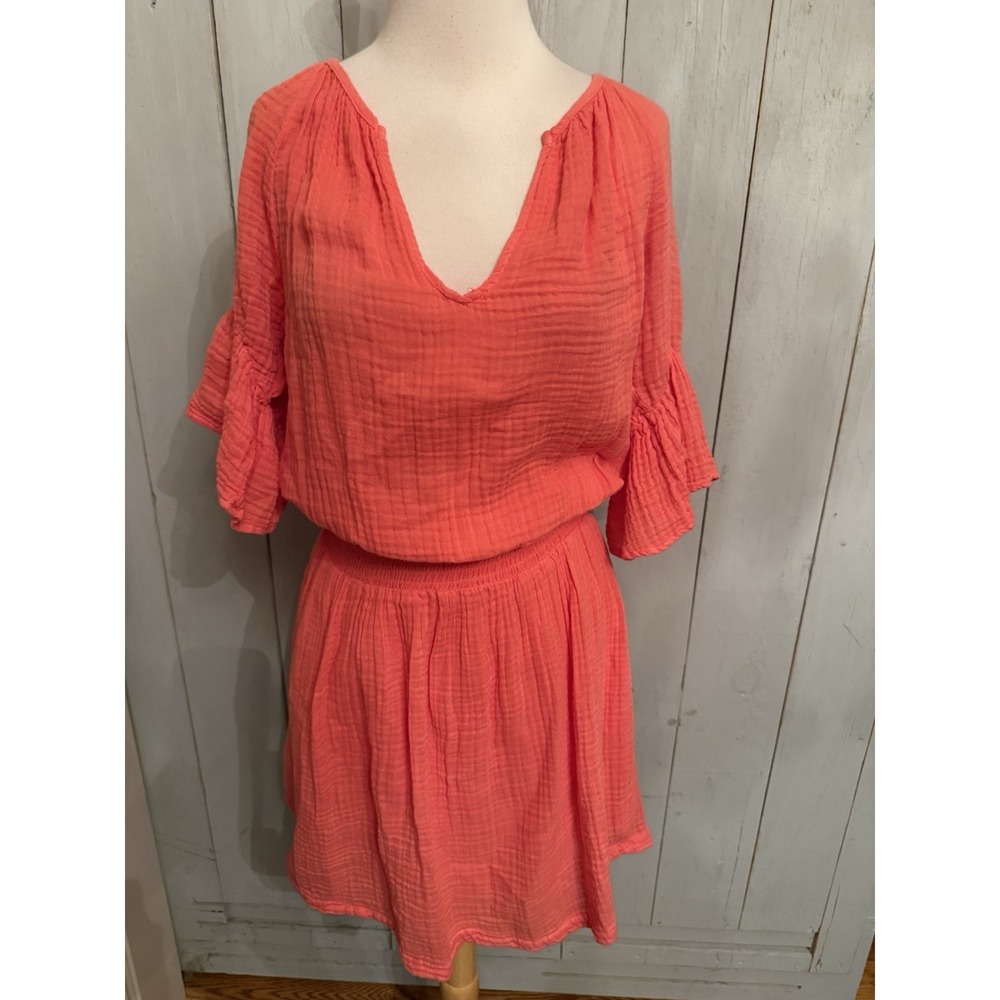 Michael‎ Stars Coral Cotton Gauze Katelyn Smocked Dress S Beachy Puff Sleeves
